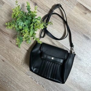 Neiman Marcus Black Fringe Faux Leather Crossbody Purse